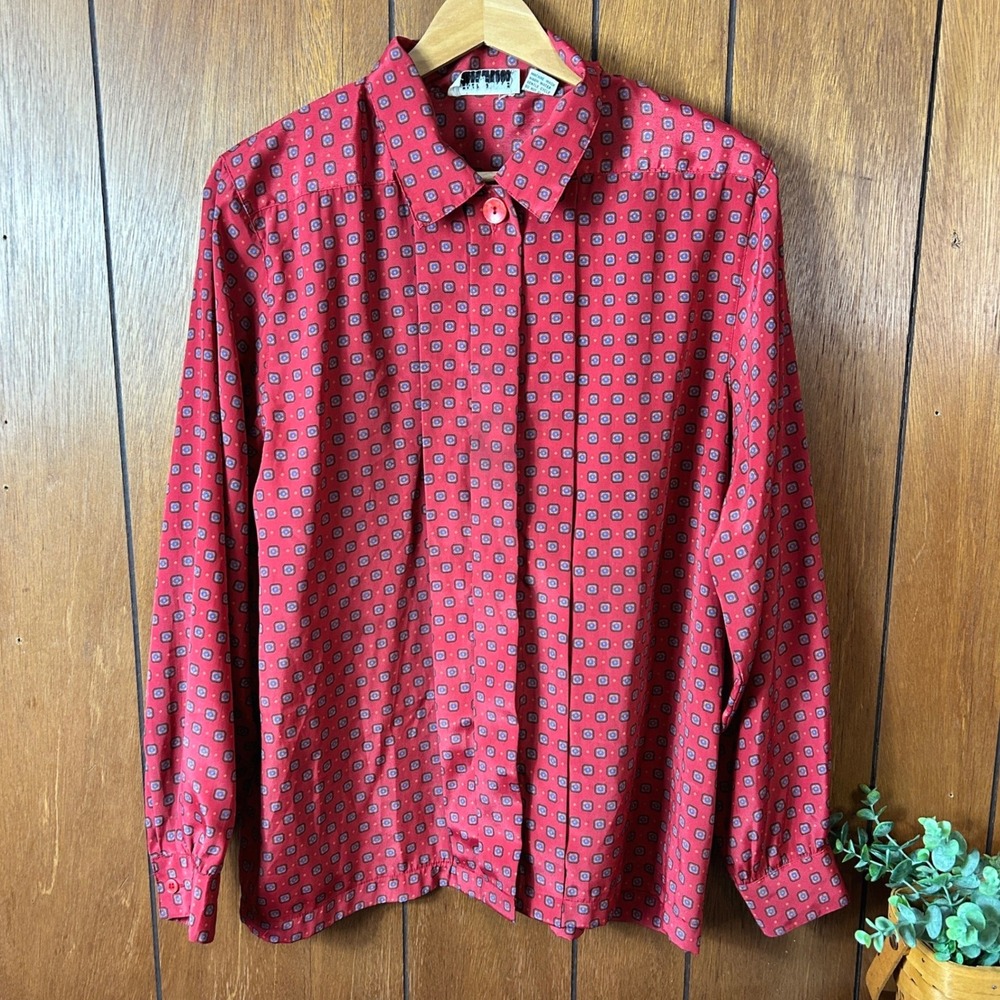 Vintage Alfred Dunner Red Geometric Print Button Up Long Sleeve Blouse Career